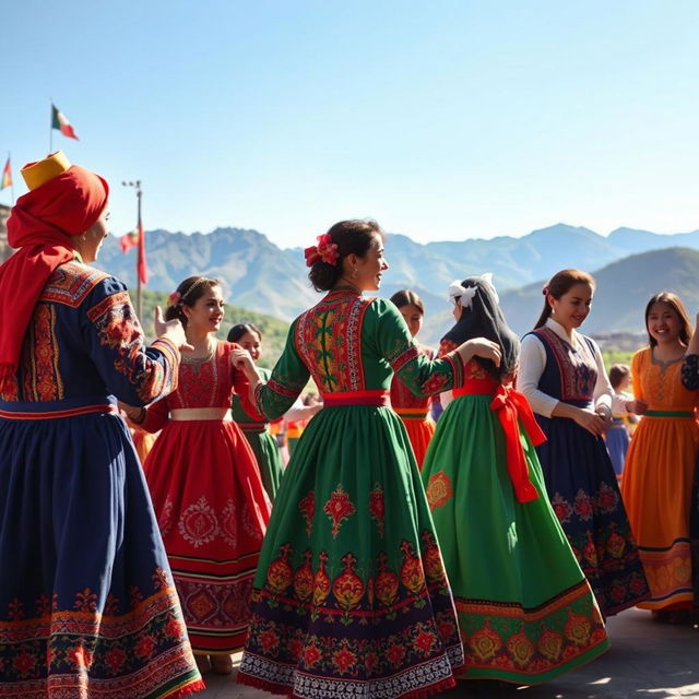 A lively scene depicting traditional Kurdish culture in Iran, showcasing a group of Kurdish people wearing beautiful, colorful Kurdish dresses with intricate patterns