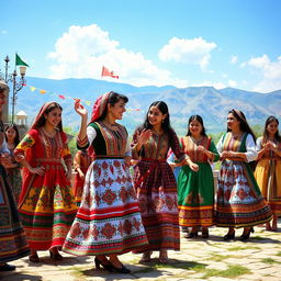 A lively scene depicting traditional Kurdish culture in Iran, showcasing a group of Kurdish people wearing beautiful, colorful Kurdish dresses with intricate patterns