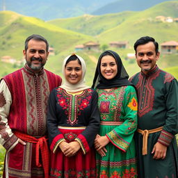A portrait of Iranian Kurds dressed in traditional Kurdish attire, showcasing their vibrant, embroidered clothing