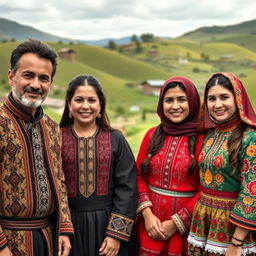 A portrait of Iranian Kurds dressed in traditional Kurdish attire, showcasing their vibrant, embroidered clothing