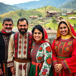 A portrait of Iranian Kurds dressed in traditional Kurdish attire, showcasing their vibrant, embroidered clothing