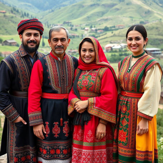 A portrait of Iranian Kurds dressed in traditional Kurdish attire, showcasing their vibrant, embroidered clothing