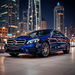 A stunning blue Mercedes-Benz luxury car parked elegantly in an upscale urban environment, showcasing its sleek lines and iconic design