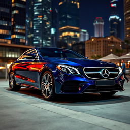 A stunning blue Mercedes-Benz luxury car parked elegantly in an upscale urban environment, showcasing its sleek lines and iconic design