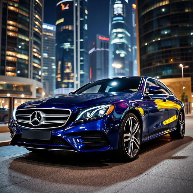 A stunning blue Mercedes-Benz luxury car parked elegantly in an upscale urban environment, showcasing its sleek lines and iconic design