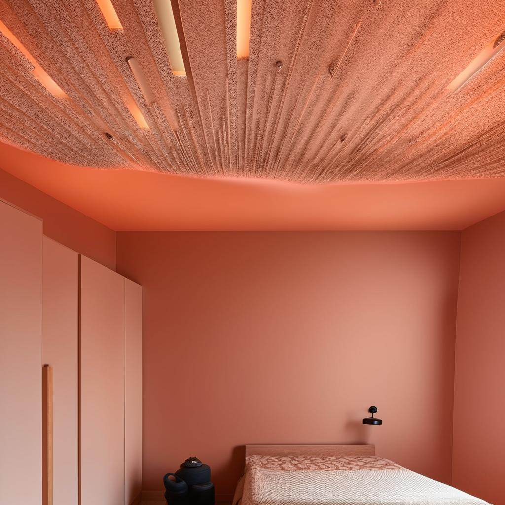 A modern, stylish room where the unique pop-designed ceiling extends halfway down the wall. The centerpiece is placed at the wall, a comfortable and inviting bed.