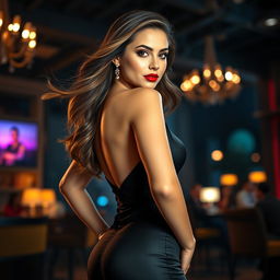 A captivating image of a confident and beautiful woman posing in an elegant, form-fitting evening gown that accentuates her curves