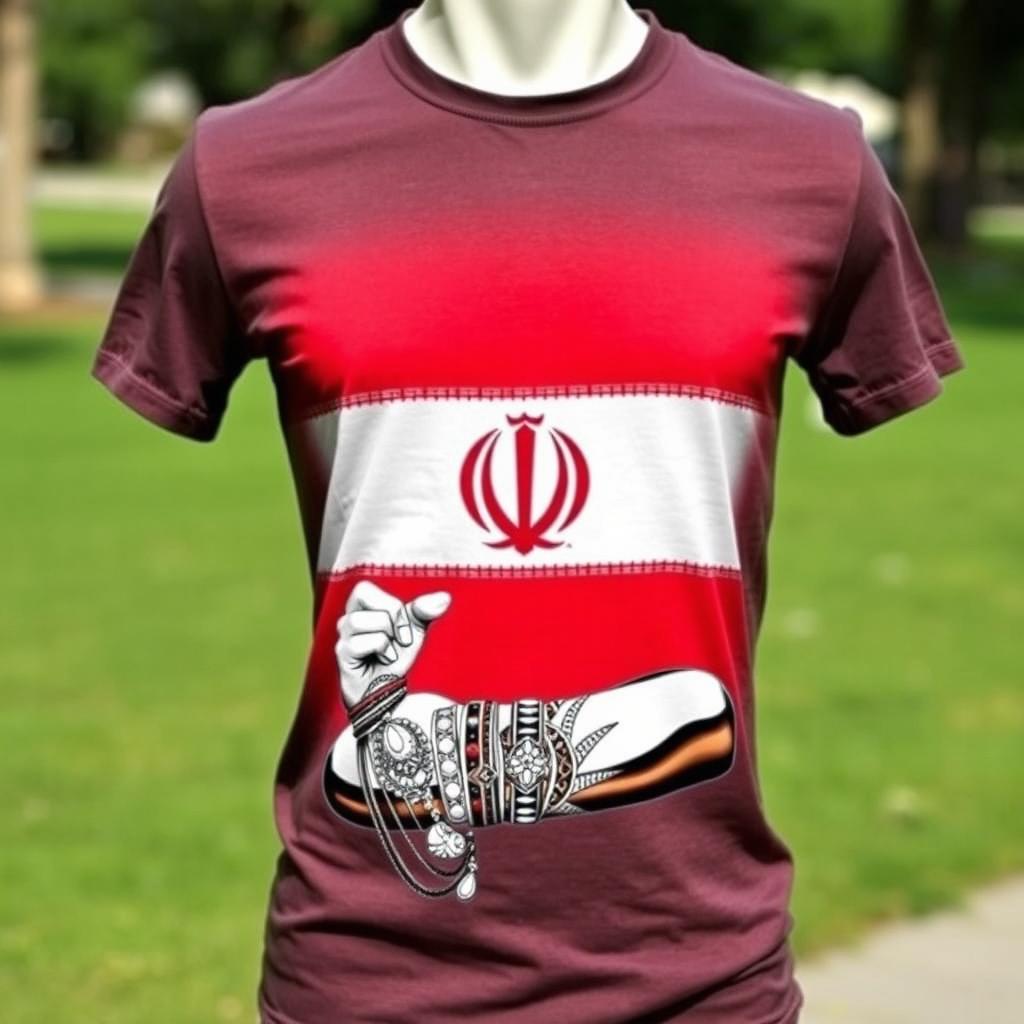 A stylish t-shirt featuring the Iranian flag design prominently displayed across the front