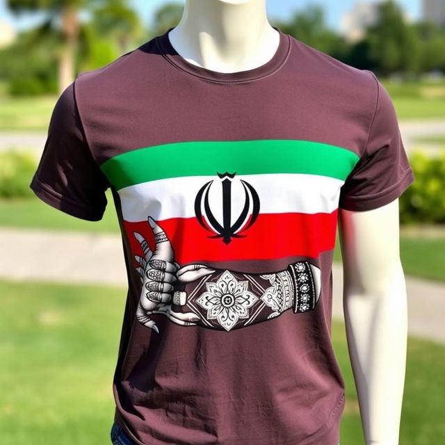 A stylish t-shirt featuring the Iranian flag design prominently displayed across the front