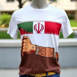A stylish t-shirt featuring the Iranian flag design prominently displayed across the front