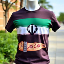 A stylish t-shirt featuring the Iranian flag design prominently displayed across the front