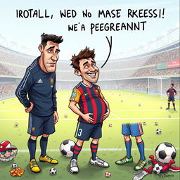 A humorous and surreal illustration depicting a comical scenario where Cristiano Ronaldo and Lionel Messi are portrayed in a lighthearted take on a fictional situation of Messi being pregnant