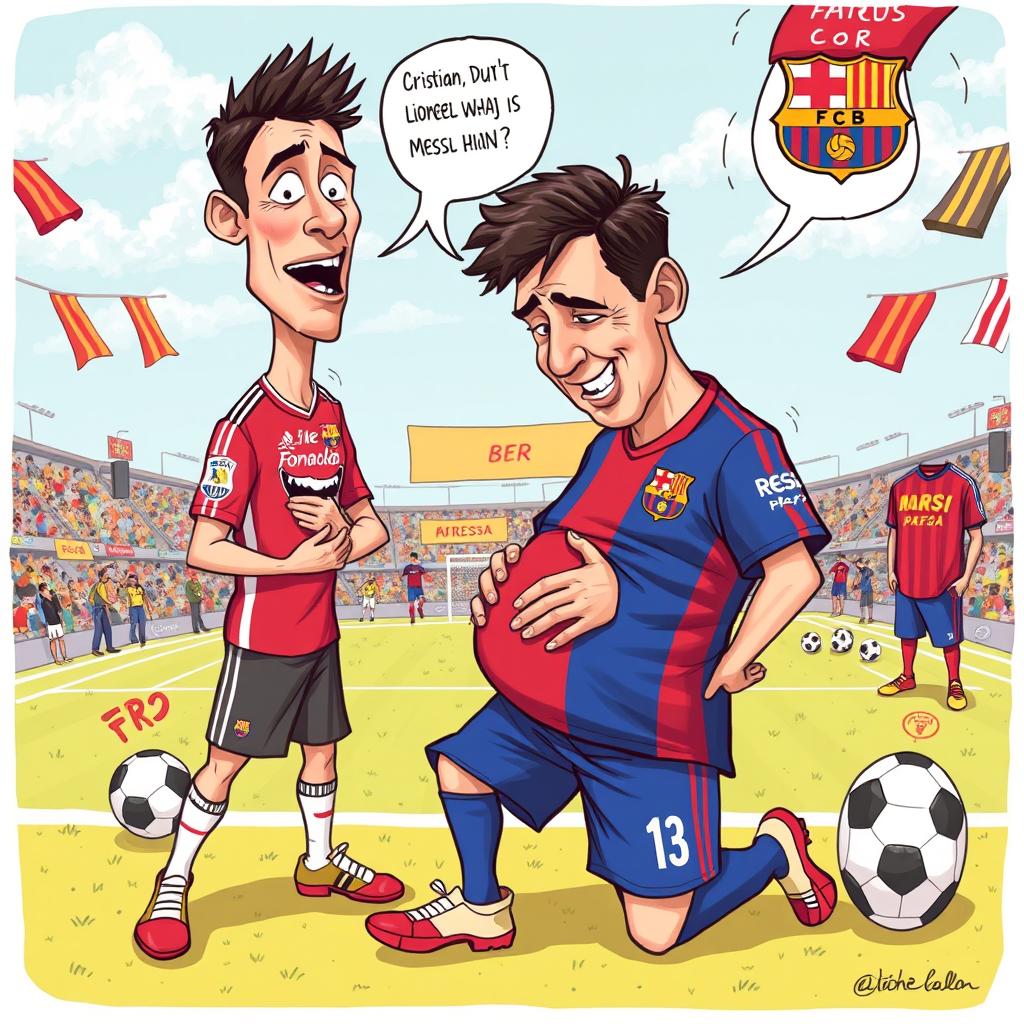 A humorous and surreal illustration depicting a comical scenario where Cristiano Ronaldo and Lionel Messi are portrayed in a lighthearted take on a fictional situation of Messi being pregnant