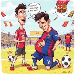 A humorous and surreal illustration depicting a comical scenario where Cristiano Ronaldo and Lionel Messi are portrayed in a lighthearted take on a fictional situation of Messi being pregnant