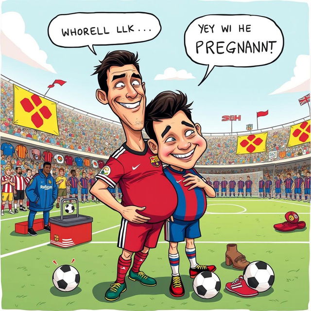 A humorous and surreal illustration depicting a comical scenario where Cristiano Ronaldo and Lionel Messi are portrayed in a lighthearted take on a fictional situation of Messi being pregnant