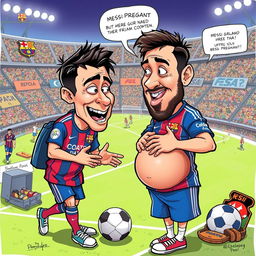 A humorous and surreal illustration depicting a comical scenario where Cristiano Ronaldo and Lionel Messi are portrayed in a lighthearted take on a fictional situation of Messi being pregnant