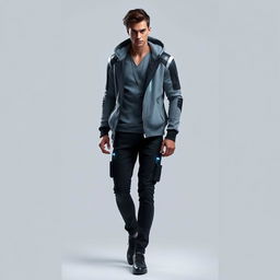 A futuristic male outfit featuring a sleek gray hoodie designed with high-tech elements, paired with stylish black pants