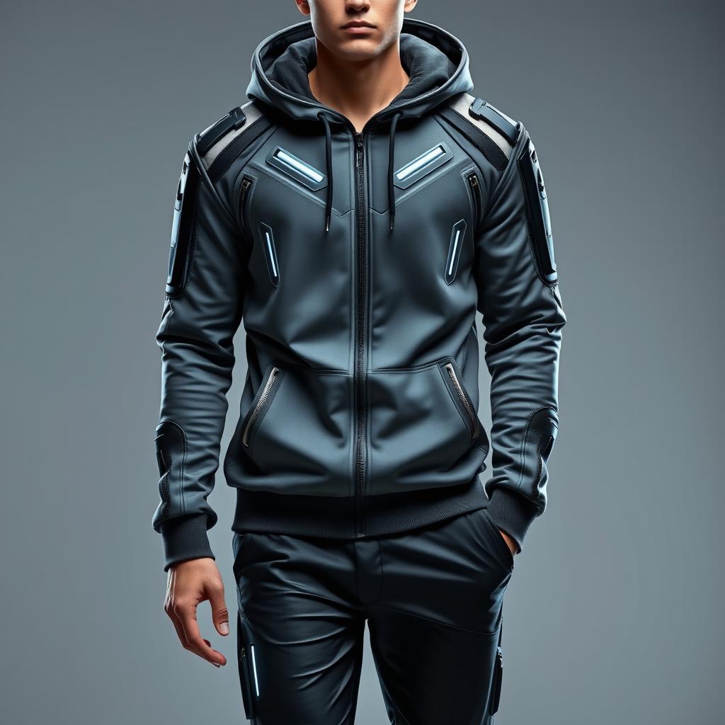 A futuristic male outfit featuring a sleek gray hoodie designed with high-tech elements, paired with stylish black pants