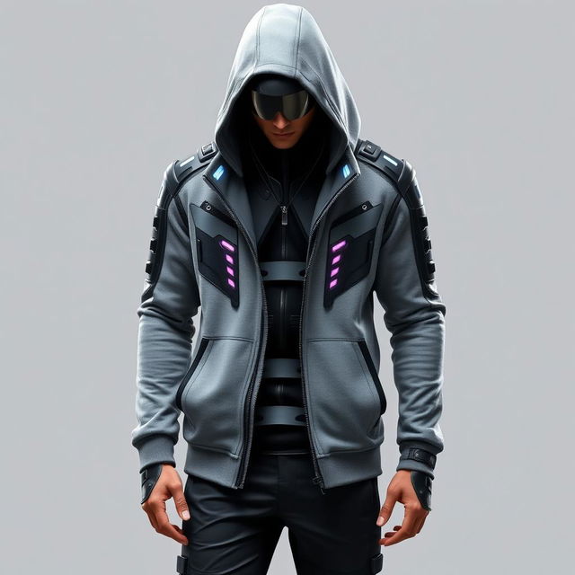 A futuristic male outfit featuring a sleek gray hoodie designed with high-tech elements, paired with stylish black pants