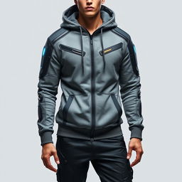 A futuristic male outfit featuring a sleek gray hoodie designed with high-tech elements, paired with stylish black pants