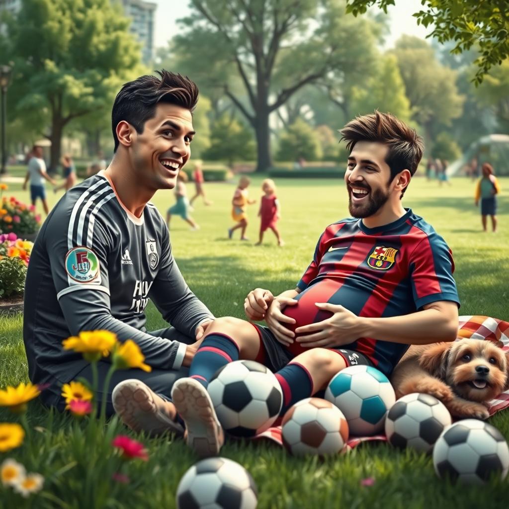 A humorous and imaginative scene depicting Cristiano Ronaldo and Lionel Messi in a park setting where Messi is playfully portrayed as being pregnant