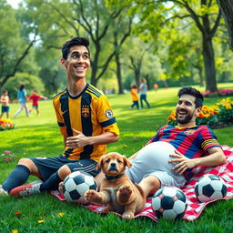 A humorous and imaginative scene depicting Cristiano Ronaldo and Lionel Messi in a park setting where Messi is playfully portrayed as being pregnant