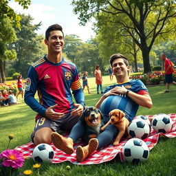 A humorous and imaginative scene depicting Cristiano Ronaldo and Lionel Messi in a park setting where Messi is playfully portrayed as being pregnant