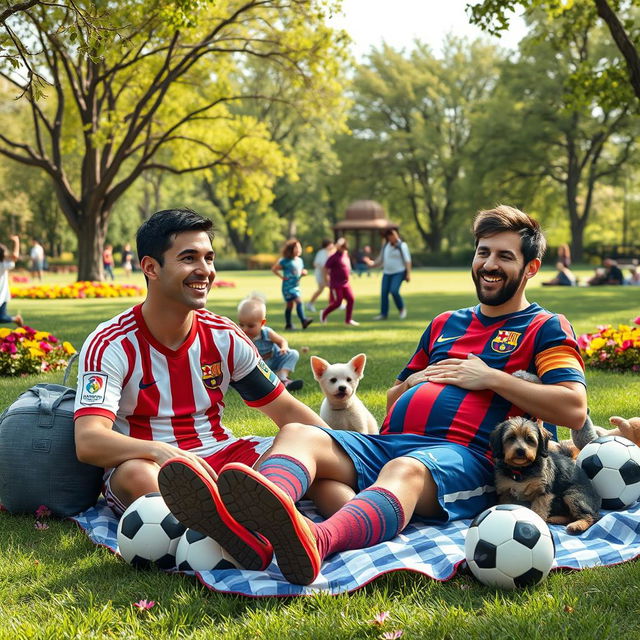 A humorous and imaginative scene depicting Cristiano Ronaldo and Lionel Messi in a park setting where Messi is playfully portrayed as being pregnant