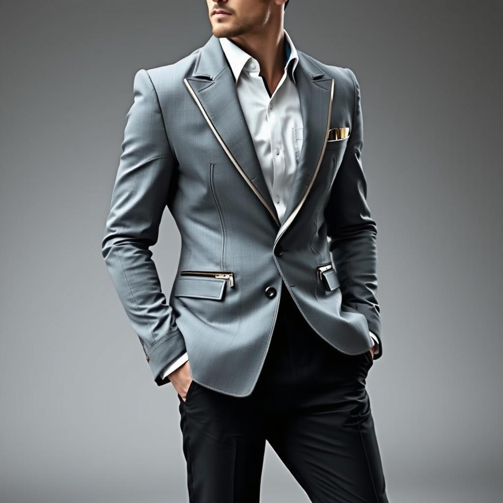 A futuristic male outfit consisting of a gray blazer designed with sleek lines and high-tech features, paired with stylish black trousers