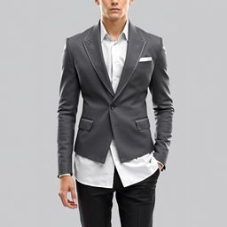 A futuristic male outfit consisting of a gray blazer designed with sleek lines and high-tech features, paired with stylish black trousers