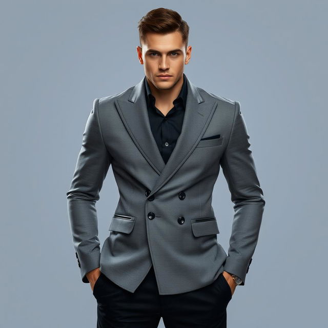 A futuristic male outfit consisting of a gray blazer designed with sleek lines and high-tech features, paired with stylish black trousers