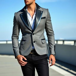 A futuristic male outfit consisting of a gray blazer designed with sleek lines and high-tech features, paired with stylish black trousers