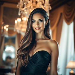 A stunning portrait of a woman with long flowing hair, wearing an elegant evening gown