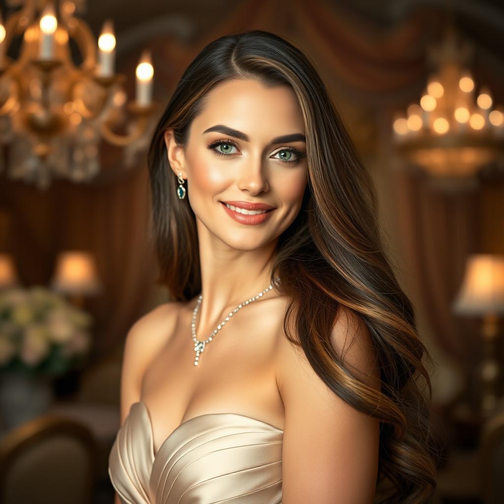 A stunning portrait of a woman with long flowing hair, wearing an elegant evening gown