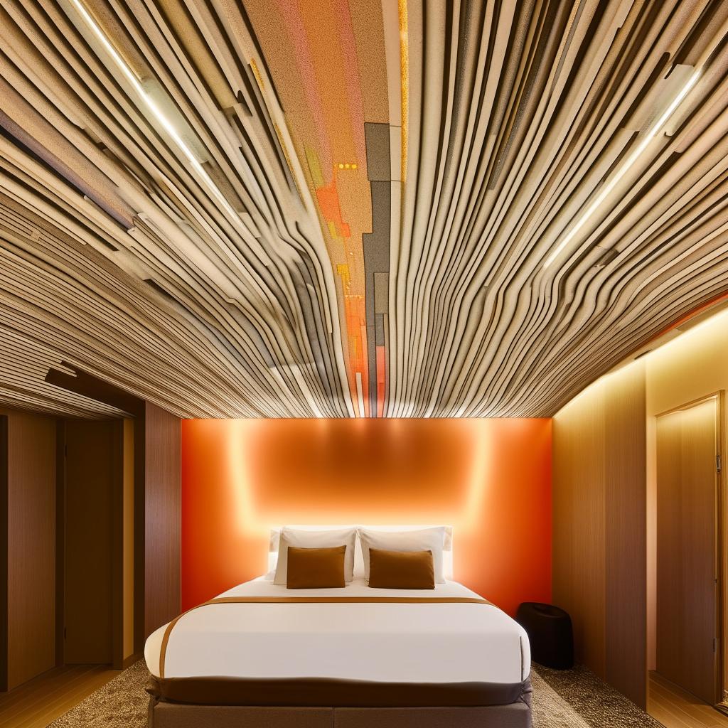 A modern, stylish room where the unique pop-designed ceiling extends halfway down the wall. The centerpiece is placed at the wall, a comfortable and inviting bed.