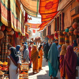 A vibrant and colorful scene depicting a bustling marketplace in a Middle Eastern city