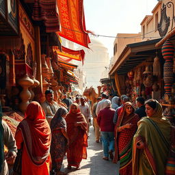 A vibrant and colorful scene depicting a bustling marketplace in a Middle Eastern city