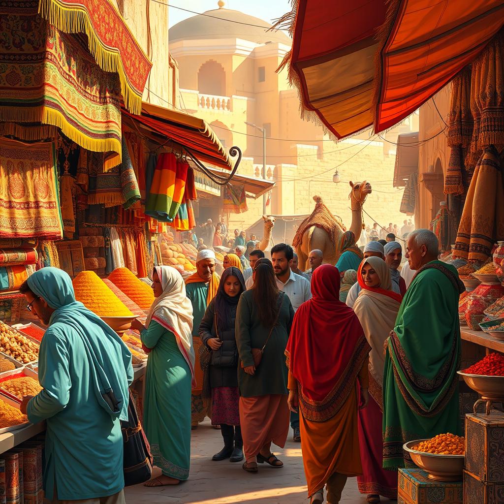 A vibrant and colorful scene depicting a bustling marketplace in a Middle Eastern city