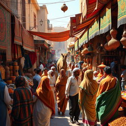 A vibrant and colorful scene depicting a bustling marketplace in a Middle Eastern city