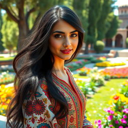 A beautiful Iranian woman with long, flowing black hair, wearing a colorful traditional Persian dress adorned with intricate patterns