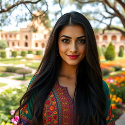 A beautiful Iranian woman with long, flowing black hair, wearing a colorful traditional Persian dress adorned with intricate patterns
