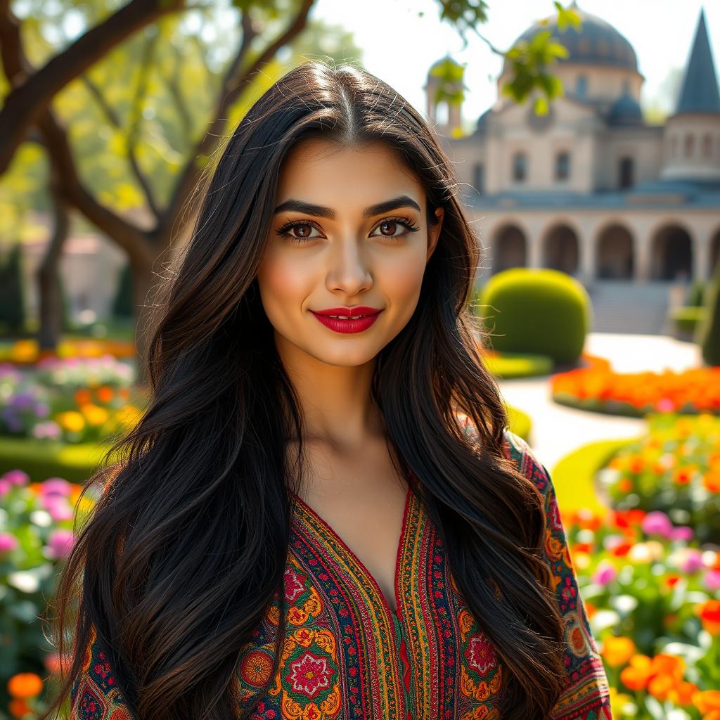 A beautiful Iranian woman with long, flowing black hair, wearing a colorful traditional Persian dress adorned with intricate patterns