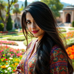 A beautiful Iranian woman with long, flowing black hair, wearing a colorful traditional Persian dress adorned with intricate patterns