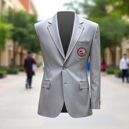 A stylish university alma mater blazer in a sleek silver gray color, featuring the logo of 'Siber Sandi dan Intelejensi' elegantly embroidered on the chest pocket