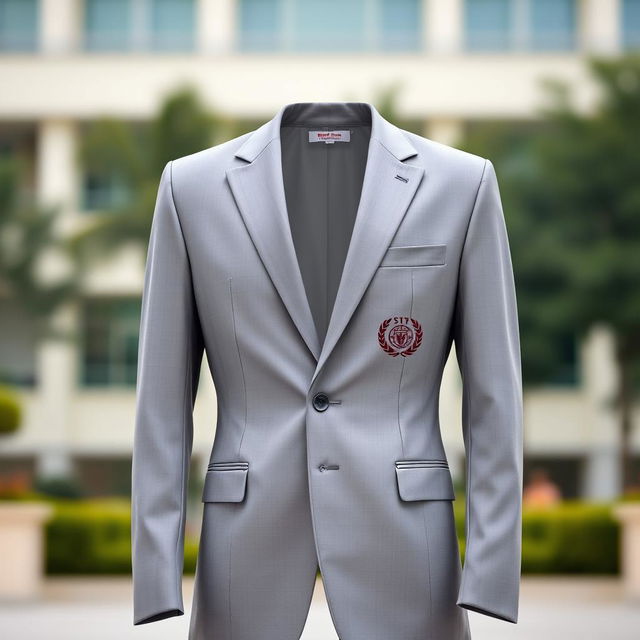 A stylish university alma mater blazer in a sleek silver gray color, featuring the logo of 'Siber Sandi dan Intelejensi' elegantly embroidered on the chest pocket