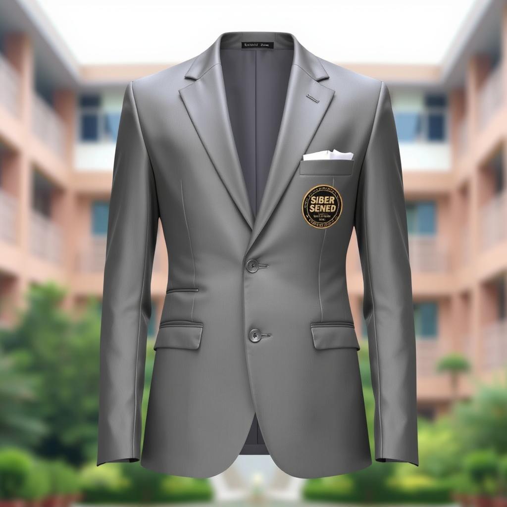 A stylish university alma mater blazer in a sleek silver gray color, featuring the logo of 'Siber Sandi dan Intelejensi' elegantly embroidered on the chest pocket