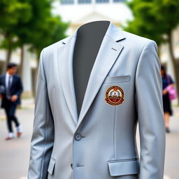 A stylish university alma mater blazer in a sleek silver gray color, featuring the logo of 'Siber Sandi dan Intelejensi' elegantly embroidered on the chest pocket