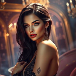 A stunning artistic representation of a glamorous female figure resembling a pop singer, featuring long dark hair cascading over her shoulders, striking hazel eyes, and an alluring smile