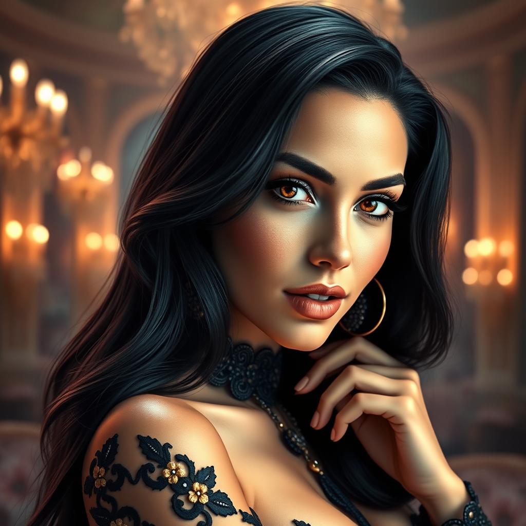 A stunning artistic representation of a glamorous female figure resembling a pop singer, featuring long dark hair cascading over her shoulders, striking hazel eyes, and an alluring smile