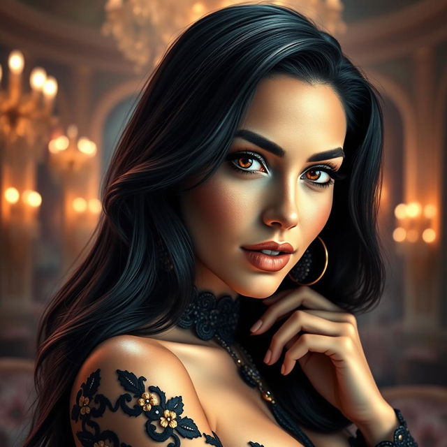 A stunning artistic representation of a glamorous female figure resembling a pop singer, featuring long dark hair cascading over her shoulders, striking hazel eyes, and an alluring smile